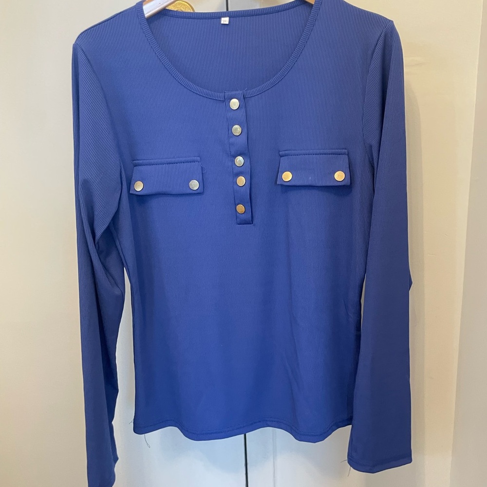 XL Royal Blue Long Sleeve ribbed Buttoned Women's Top